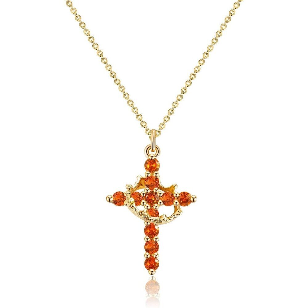 Crown Cross Pendant Necklace 14K Gold Silver Plated Birthstone Jewelry Fashion